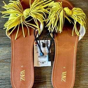 Zara Yellow Fringe Slide Sandals